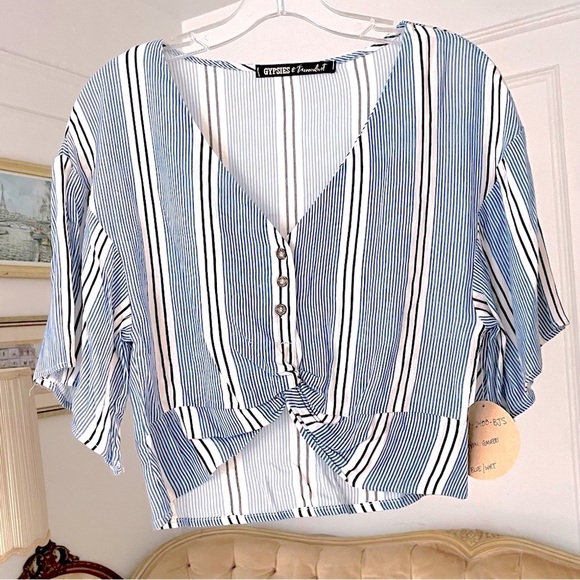 Gypsies and Moondust Bel Sleeve button down faux- tie BOHO Top - Picture 1 of 4